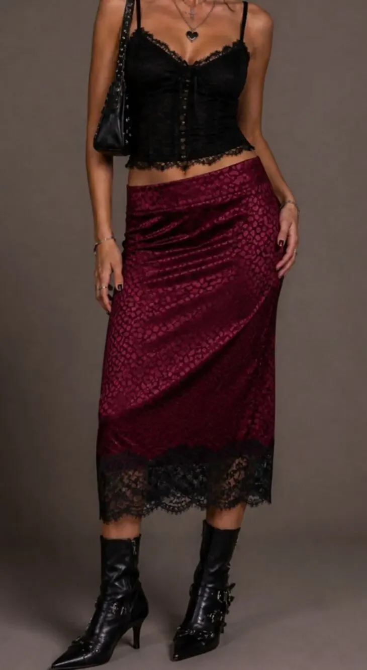 QED London Whimsigoth Satin Lace Trim Midi Pencil Skirt Size 6 Purple Y2K Glam